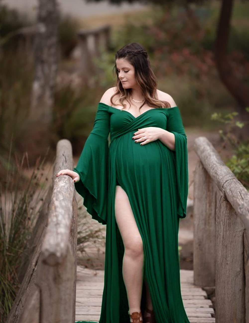 JustVH Maternity Wrap Off Shoulder Flare Sleeves Split Maxi Photography Dress