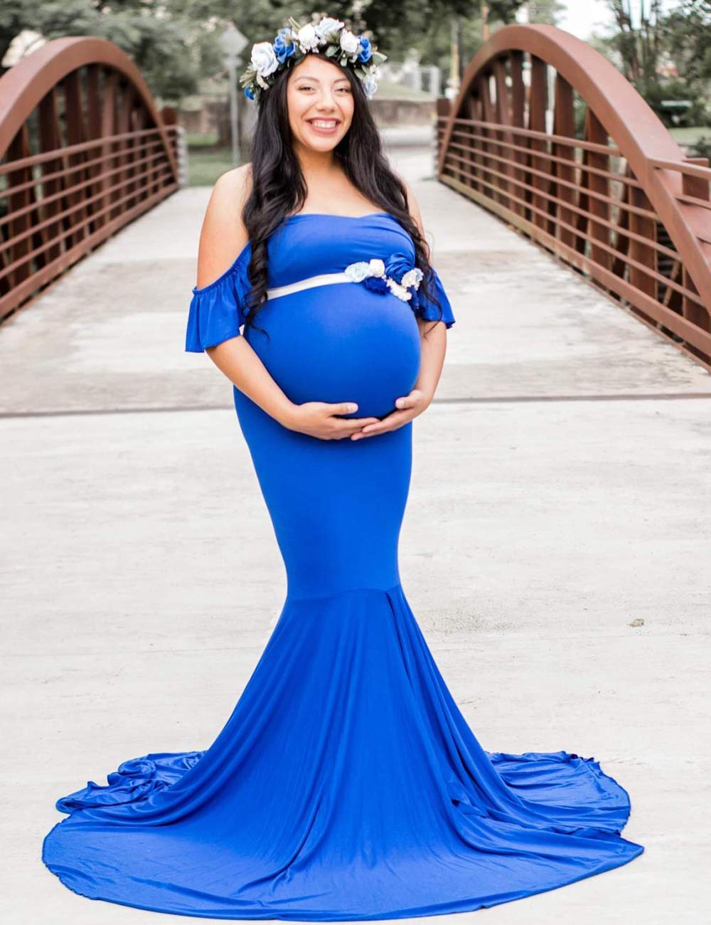 JustVH Maternity Off Shoulder Ruffle Sleeves Elegant Fitted Gown