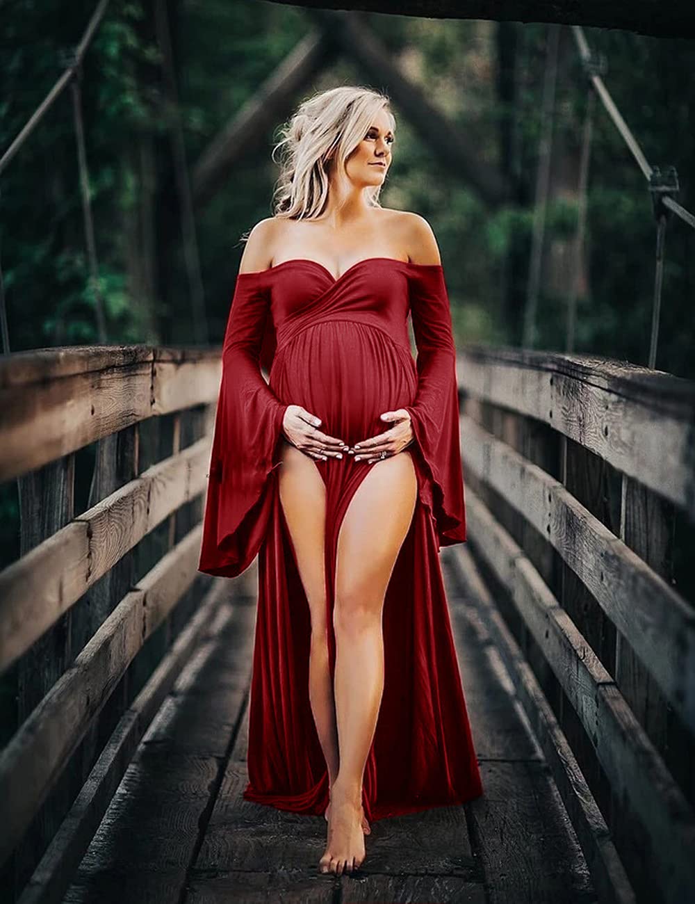 JustVH Maternity Wrap Off Shoulder Flare Sleeves Split Maxi Photography Dress