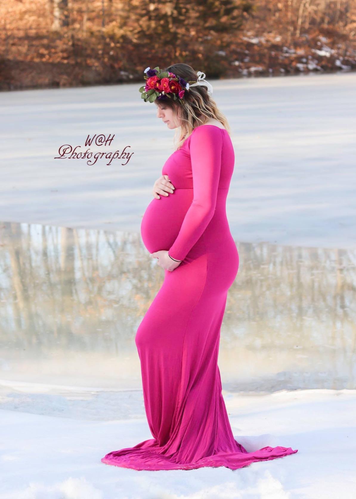 JustVH Maternity Elegant Fitted Gown Long Sleeve Cross-Front V Neck Dress