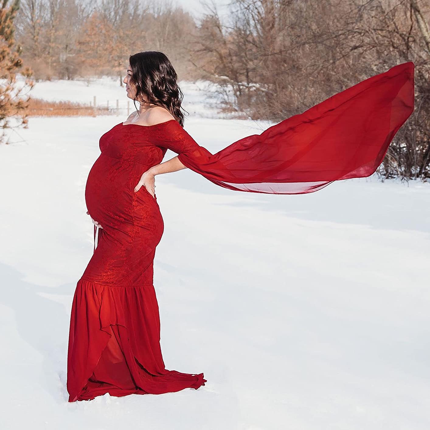 JustVH Maternity Off the Shoulder  Flare Sleeves Mermaid Fitted Gown