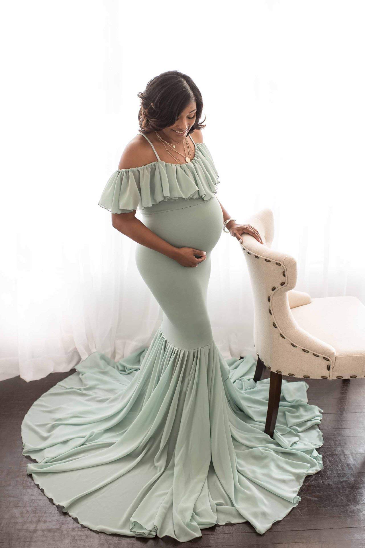 JustVH Maternity Off Shoulder Ruffles Spaghetti Strap Mermaid Photography Dress