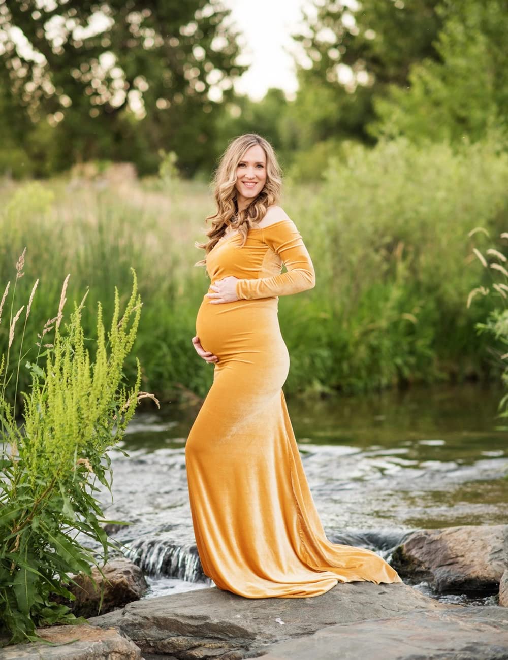 JustVH Velvet Maternity Off Shoulder Maxi Fitted Photo Props Gown