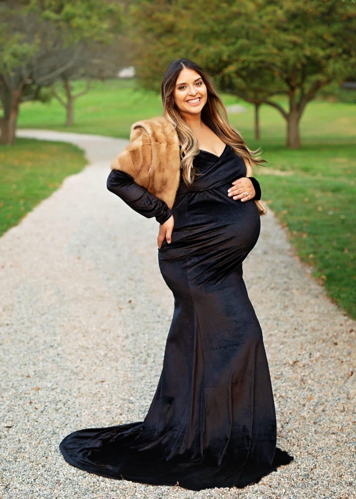 JustVH Velvet Maternity Off Shoulder Maxi Fitted Photo Props Gown