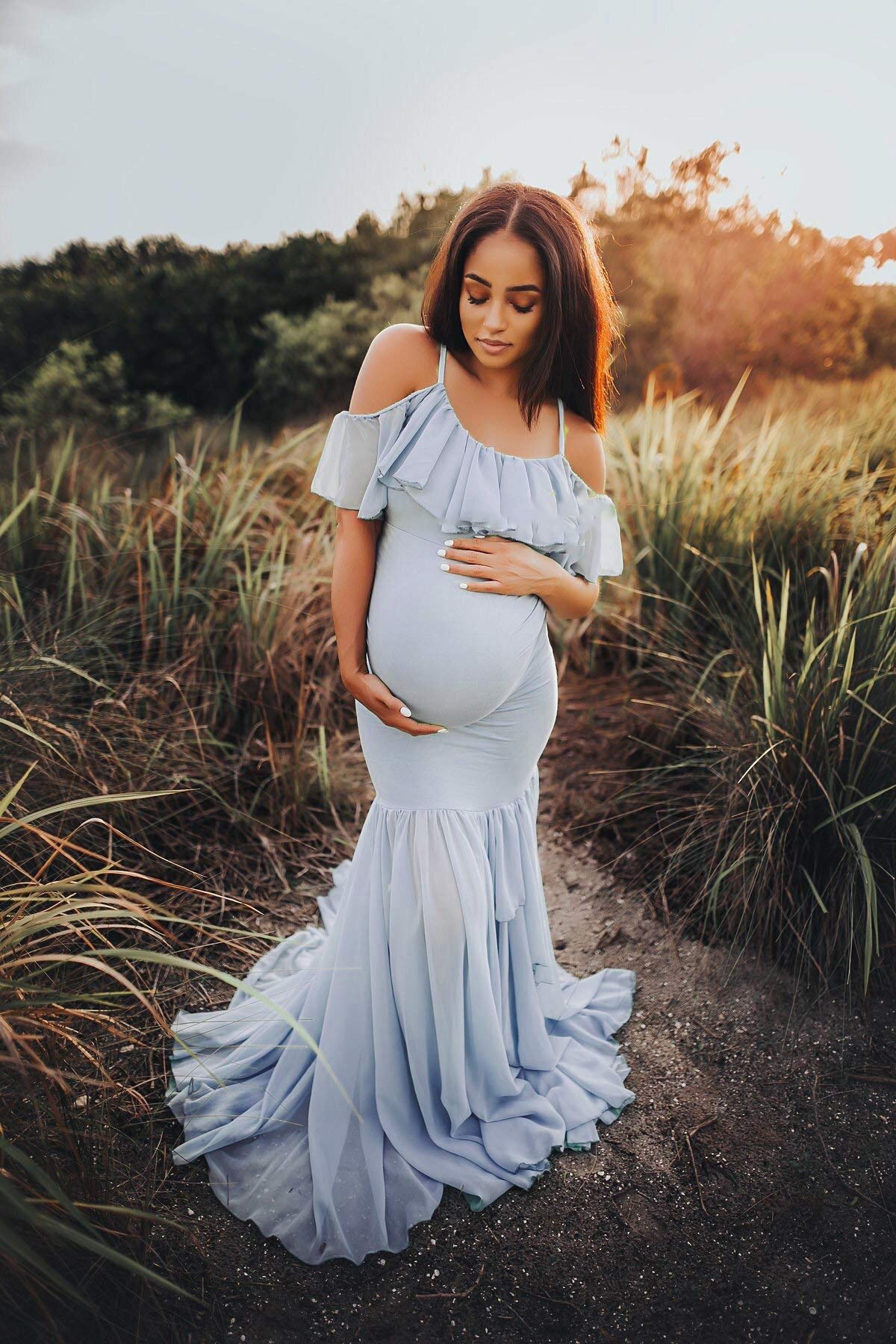 JustVH Maternity Off Shoulder Ruffles Spaghetti Strap Mermaid Photography Dress