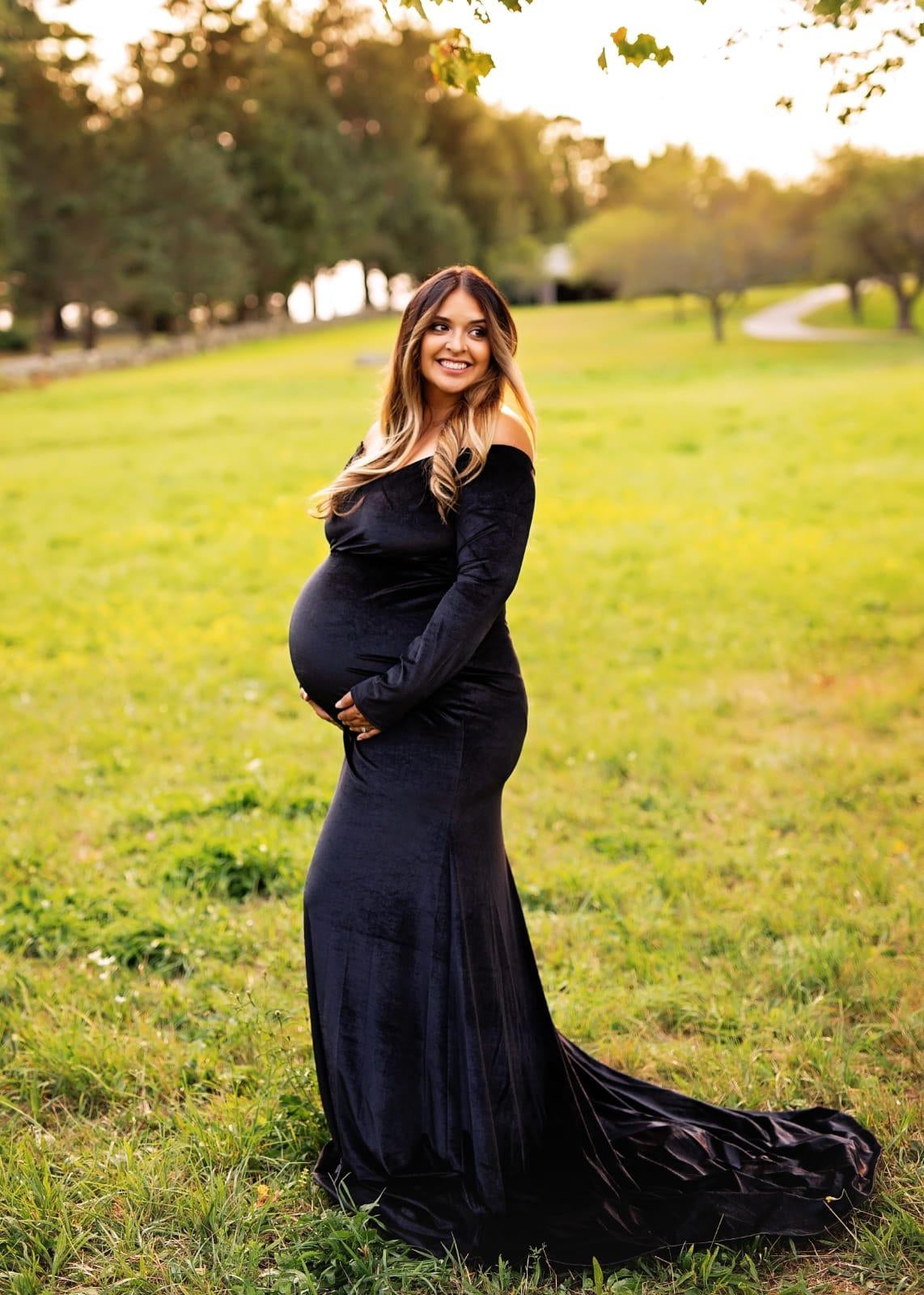 JustVH Velvet Maternity Off Shoulder Maxi Fitted Photo Props Gown