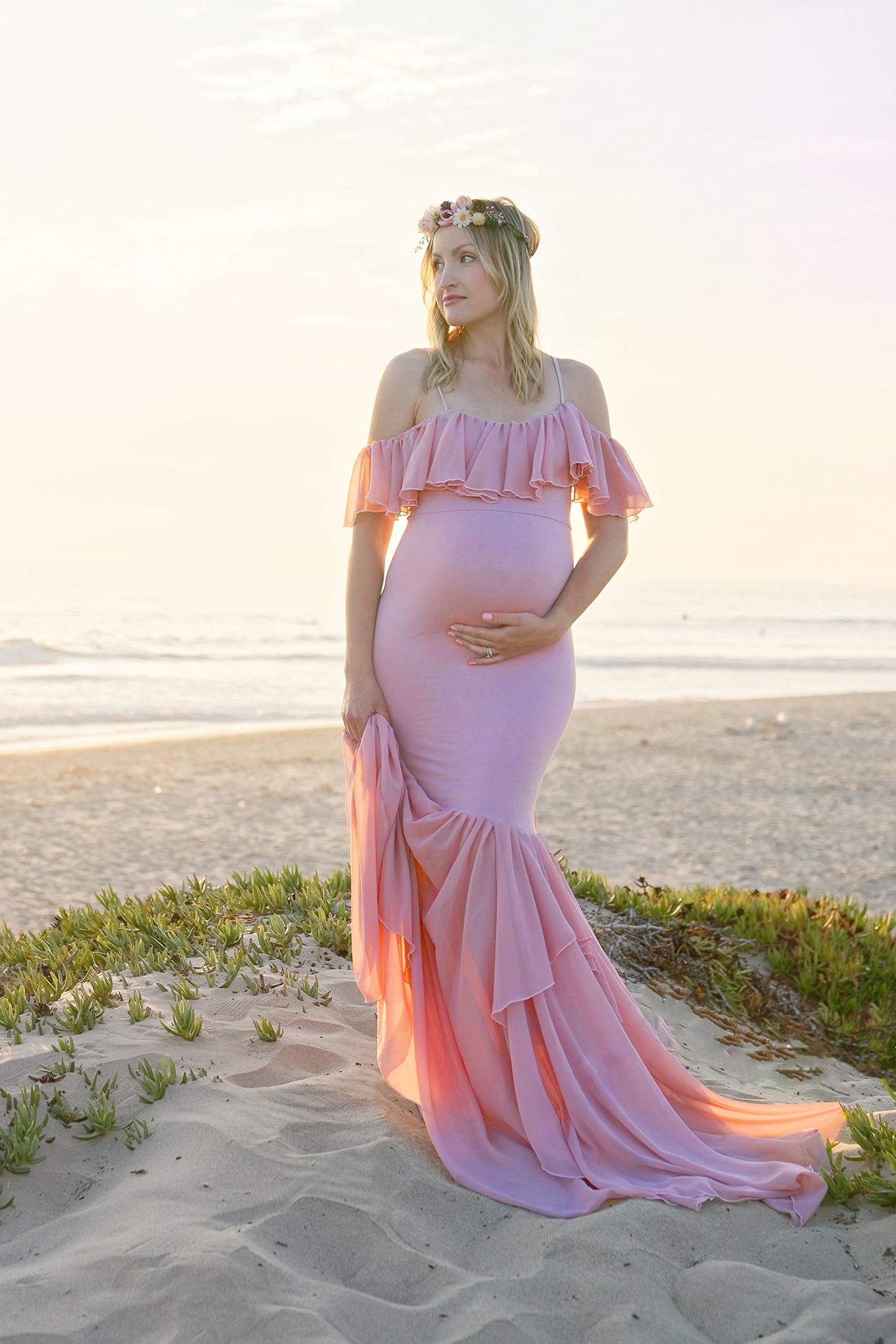 Off Shoulder Strap Maternity Dress - Pink