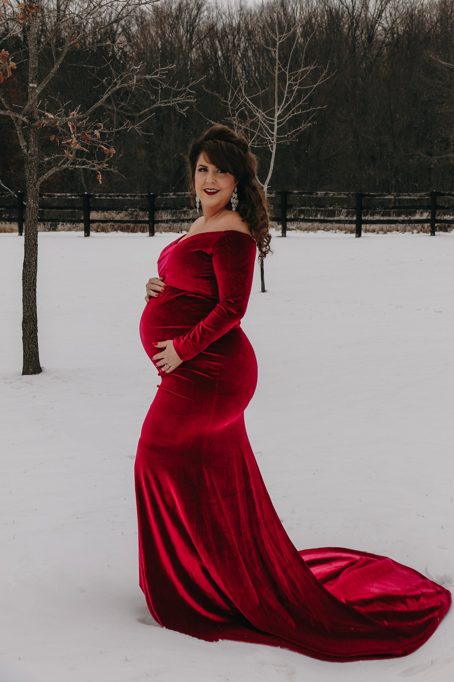 JustVH Velvet Maternity Off Shoulder Maxi Fitted Photo Props Gown