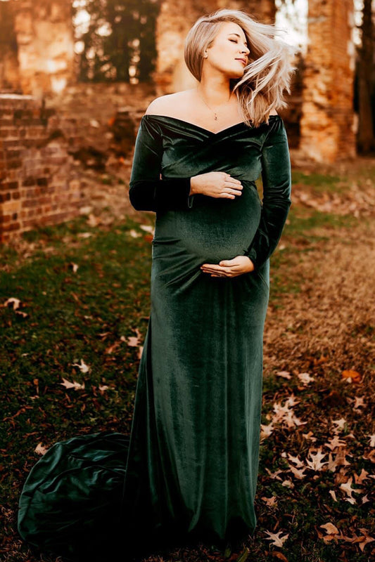 JustVH Velvet Maternity Off Shoulder Maxi Fitted Photo Props Gown